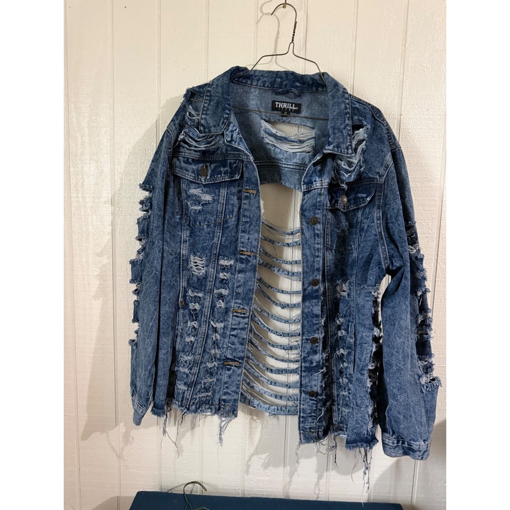 Thrill Jeans Distressed Denim Jacket 2X Blue Acid Wash Ripped Shredded Trucker